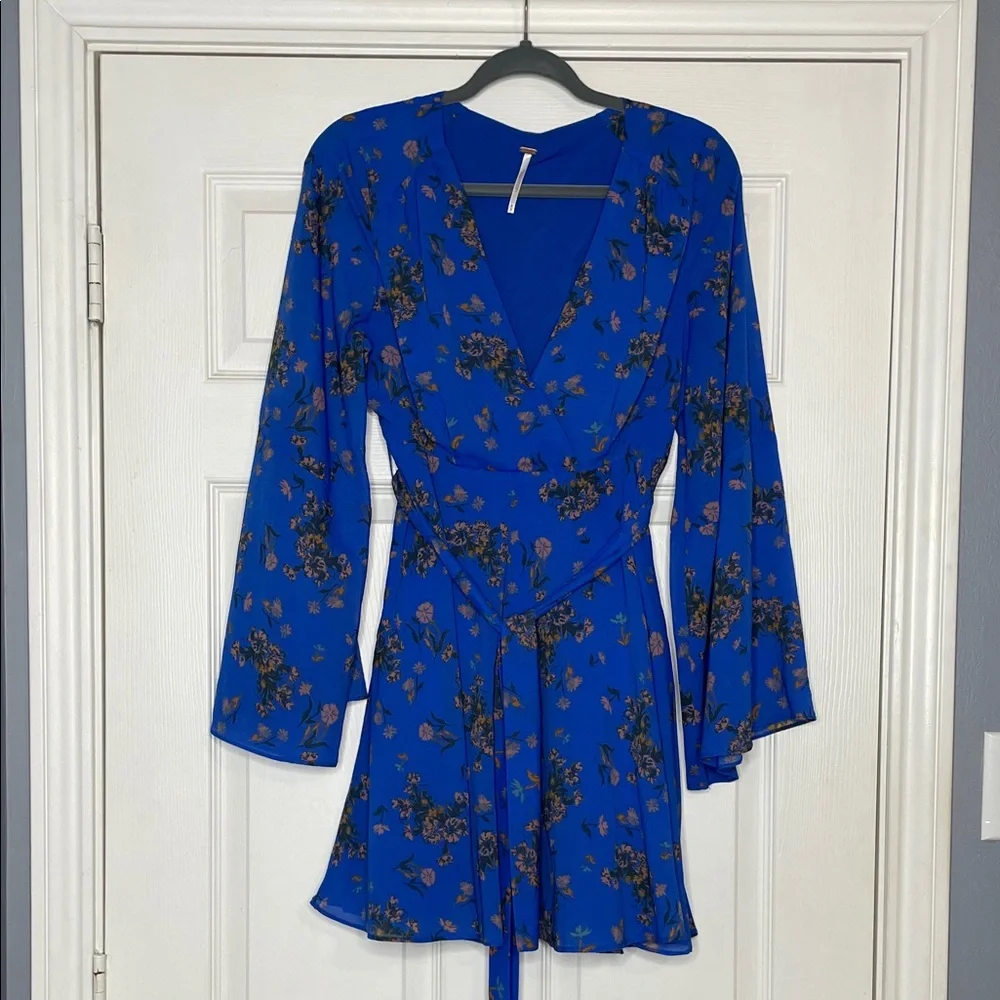 Free People Lilou Cobalt Blue Floral Wrap Dress with Bell Sleeves EUC Medium